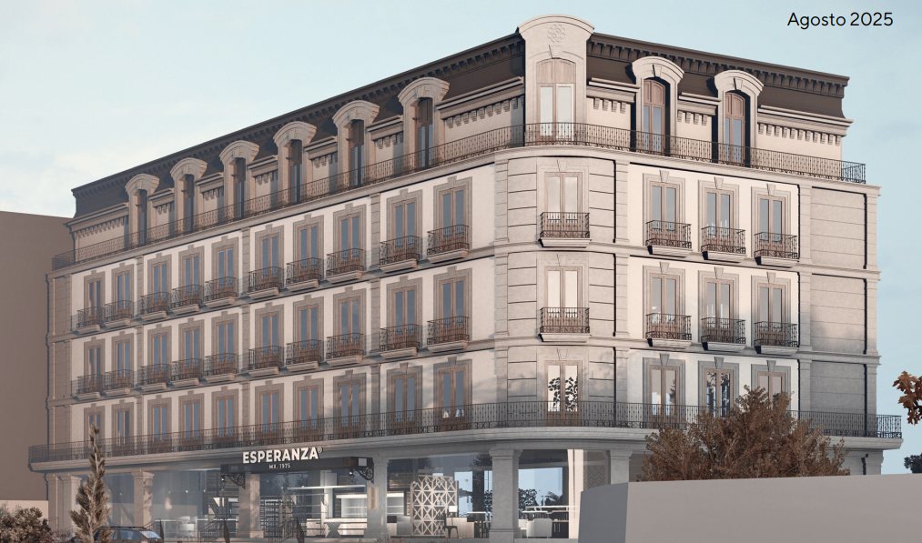 Render del edificio en esquina con fachada curva, balcones corridos y mansarda