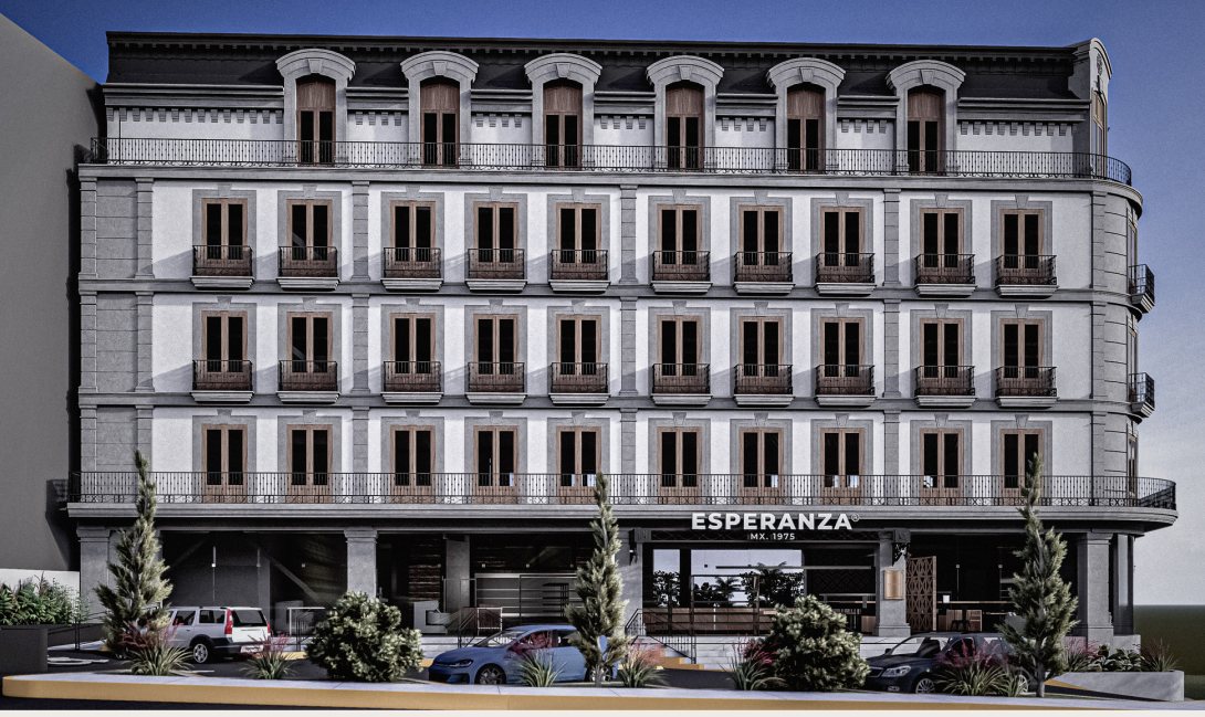 Render de la fachada principal: cinco niveles con balcones de herrería, mansarda con buhardillas y la panadería Esperanza en planta baja